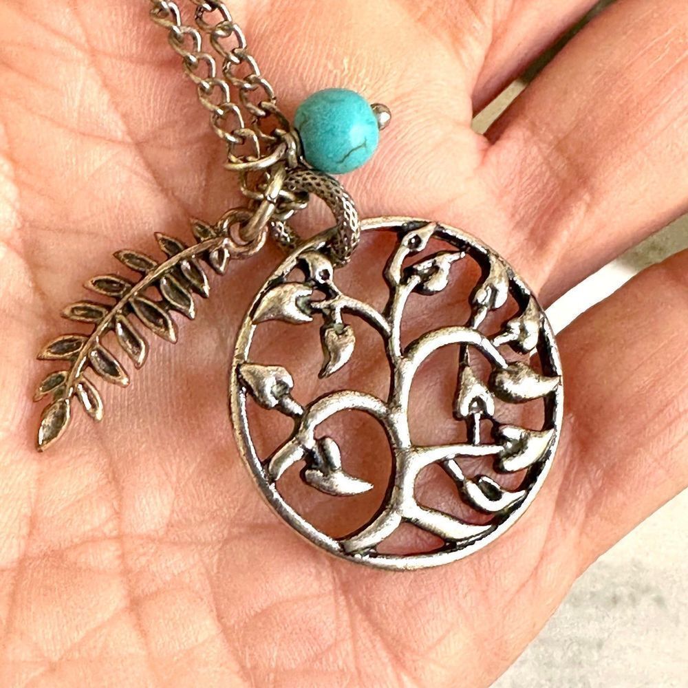 Silver tone tree charm pendant necklace